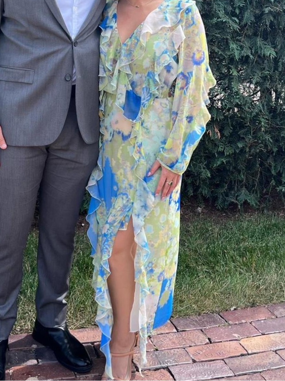 Zara floral Ruffle Maxi Dress in Blue and Green